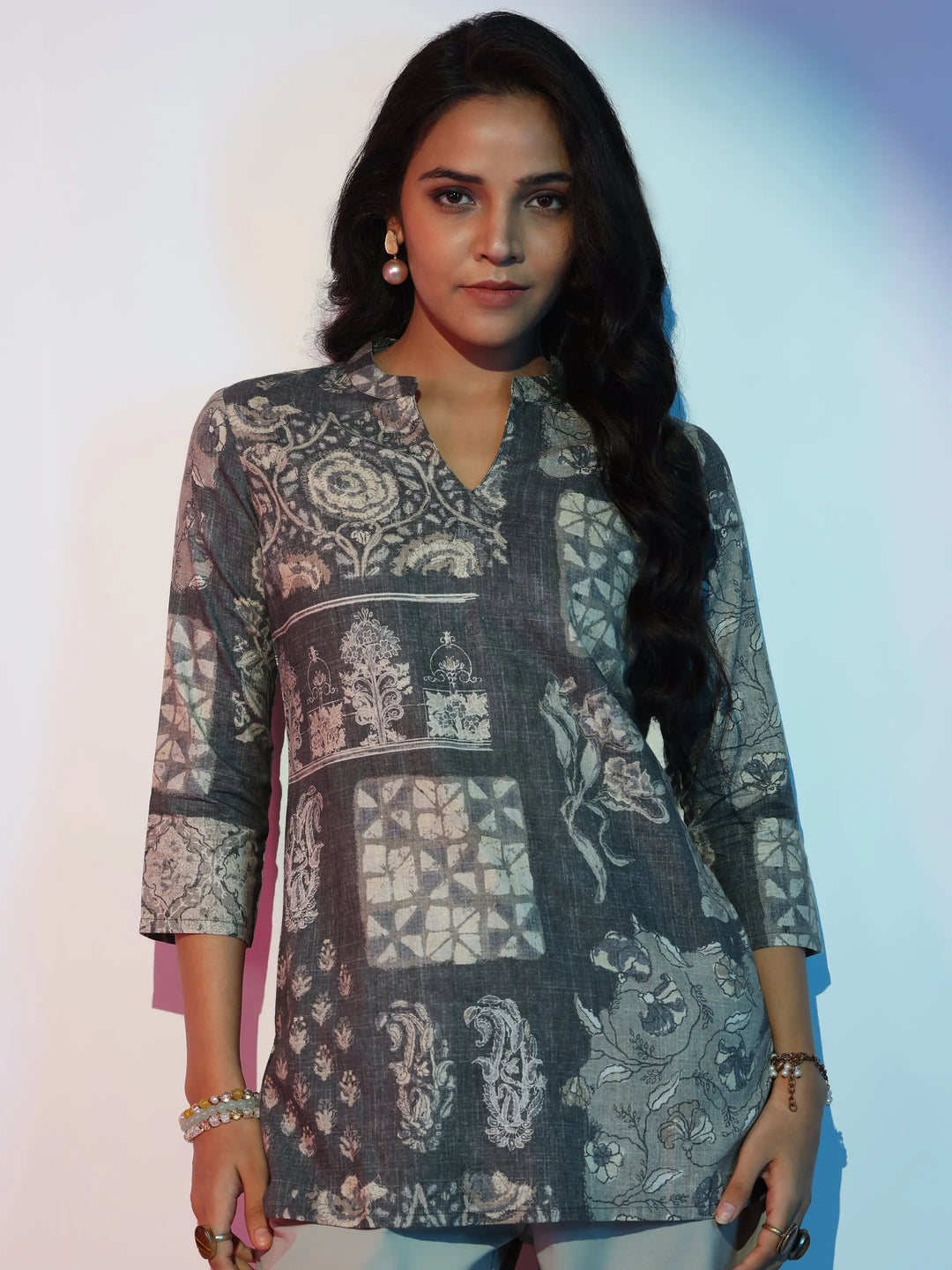 Grey Printed Cotton Blend Straight Kurti