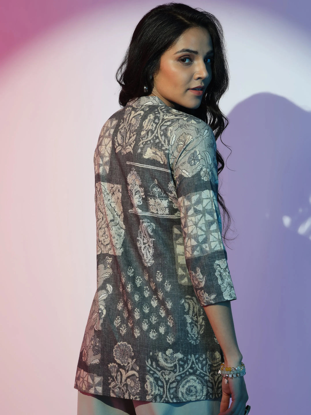 Grey Printed Cotton Blend Straight Kurti 