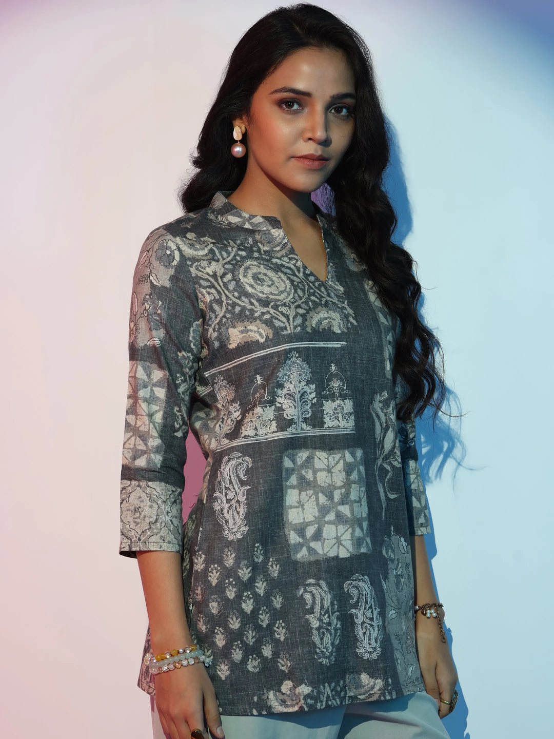  Grey Printed Cotton Blend Straight Kurti 