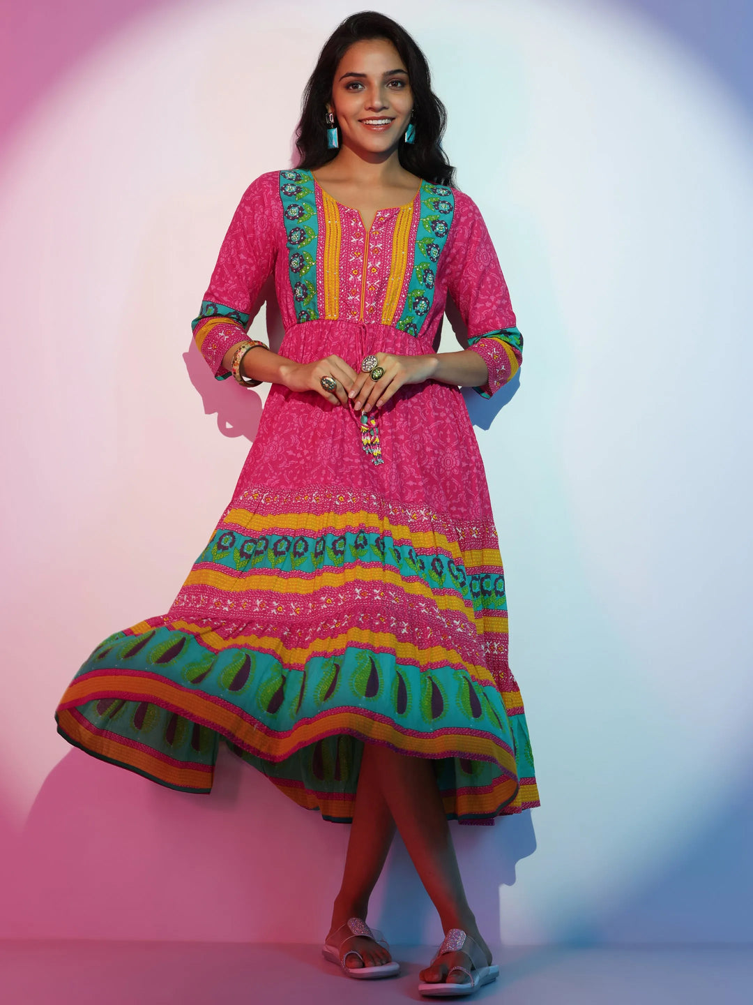  Pink Printed Cotton Fit and Flare Dress 