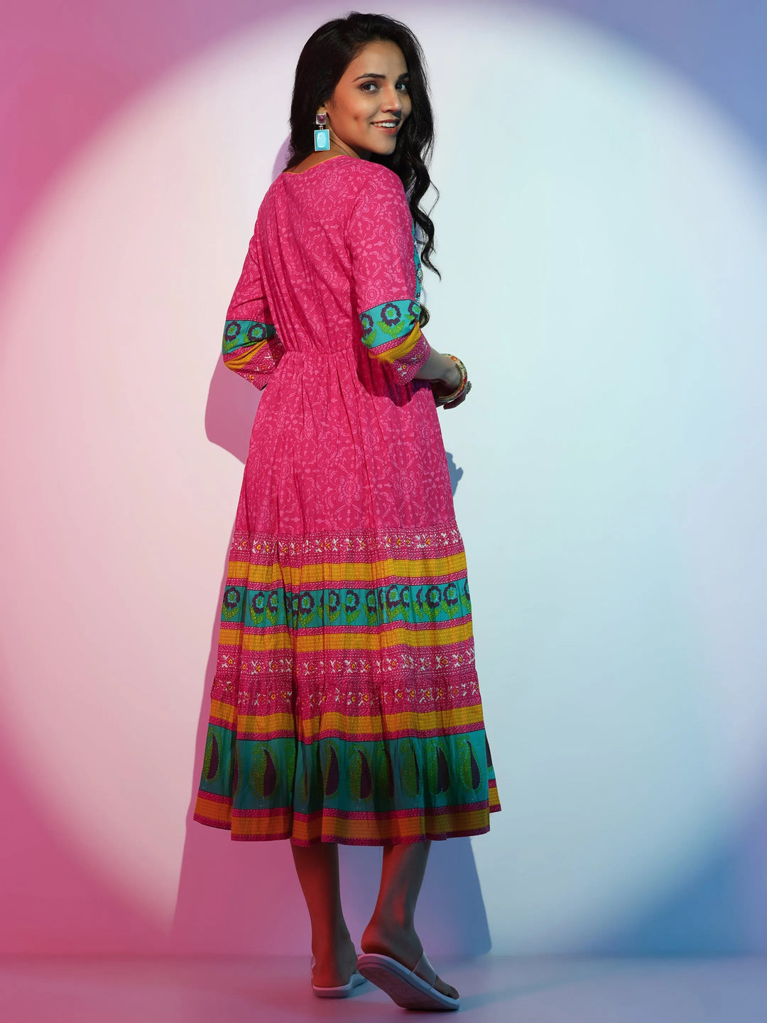  Pink Printed Cotton Fit and Flare Dress 