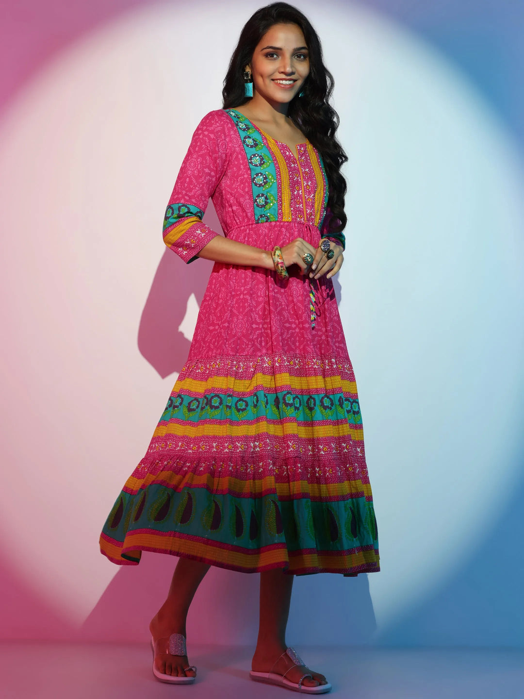  Pink Printed Cotton Fit and Flare Dress 