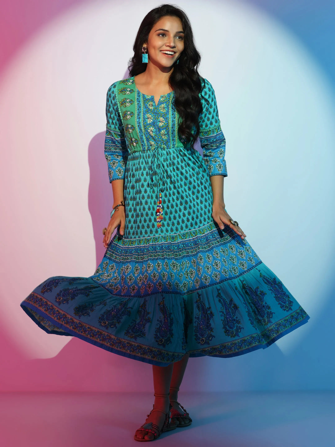  Green Printed Cotton Fit and Flare Dress 