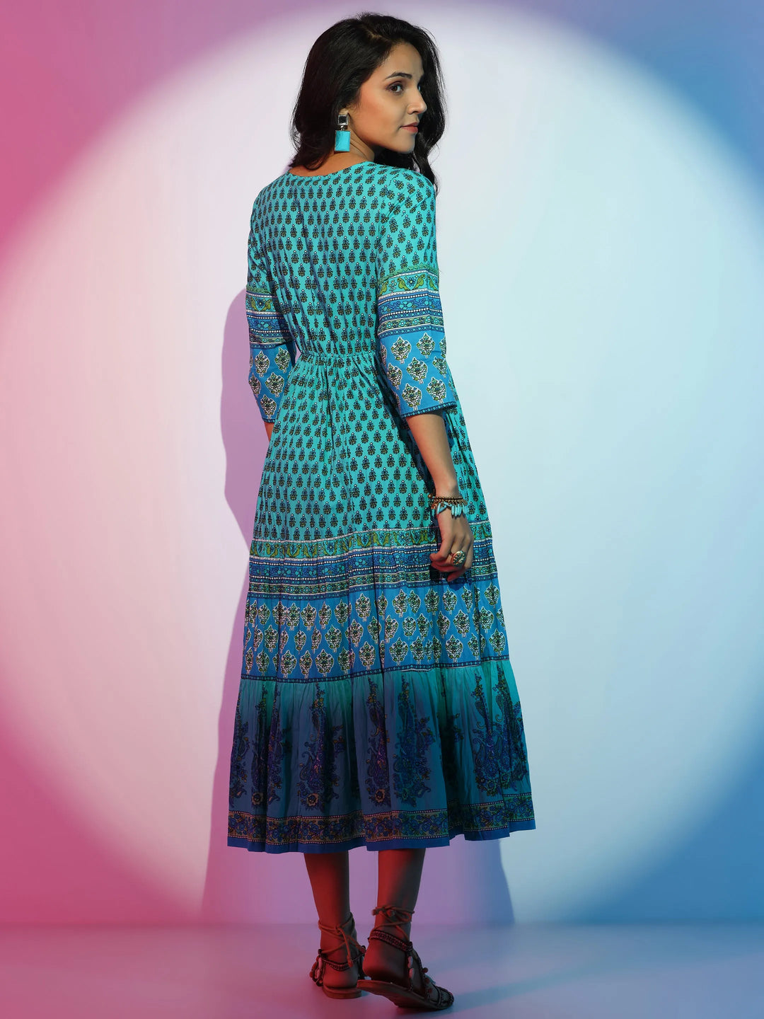  Green Printed Cotton Fit and Flare Dress 