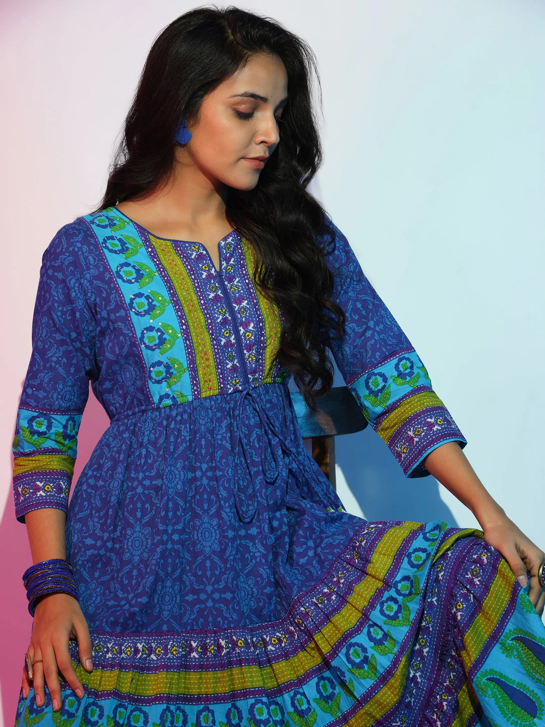  Blue Printed Cotton Fit and Flare Dress 