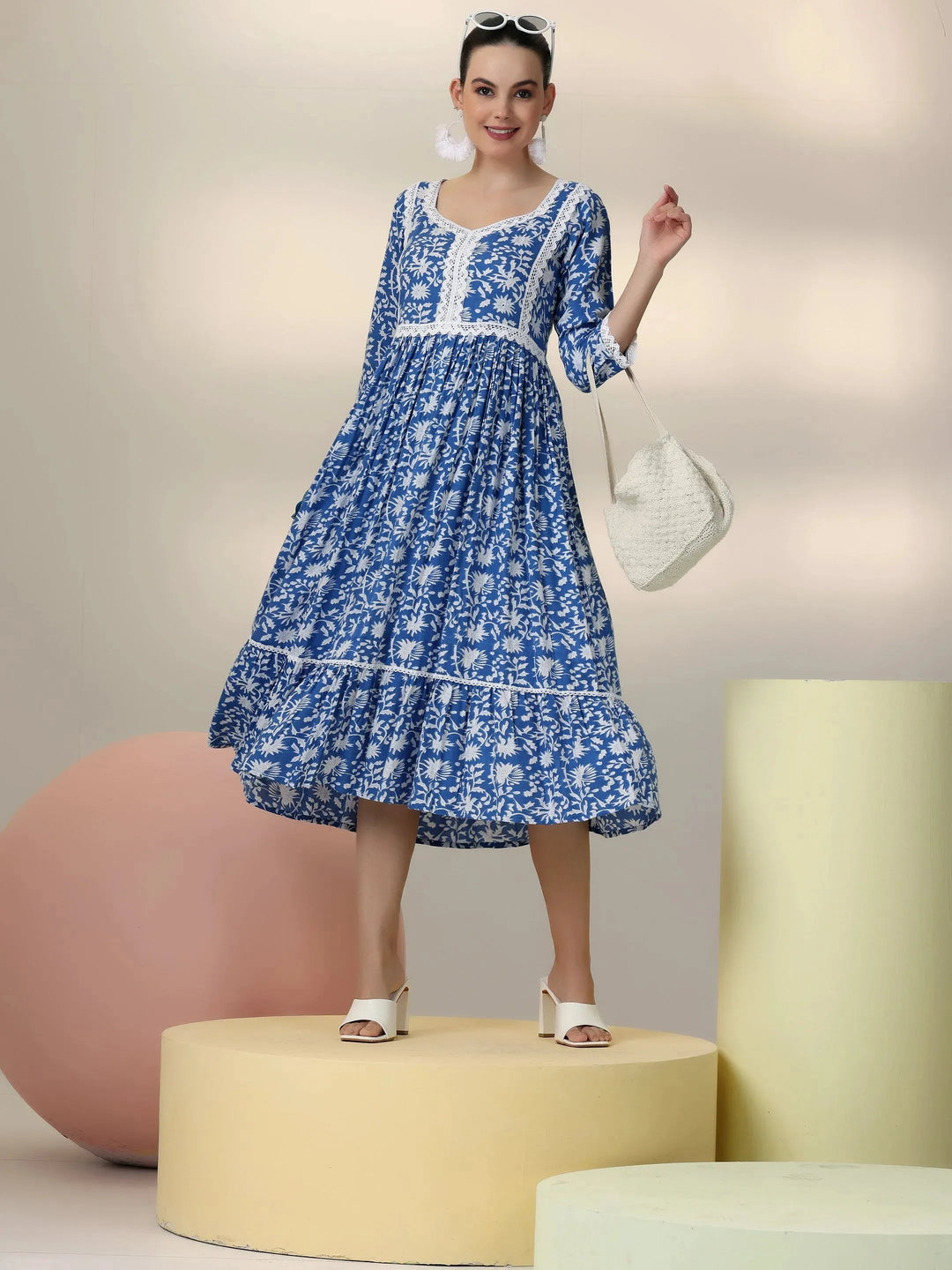  Indigo Printed Rayon Fit and Flare Dress 