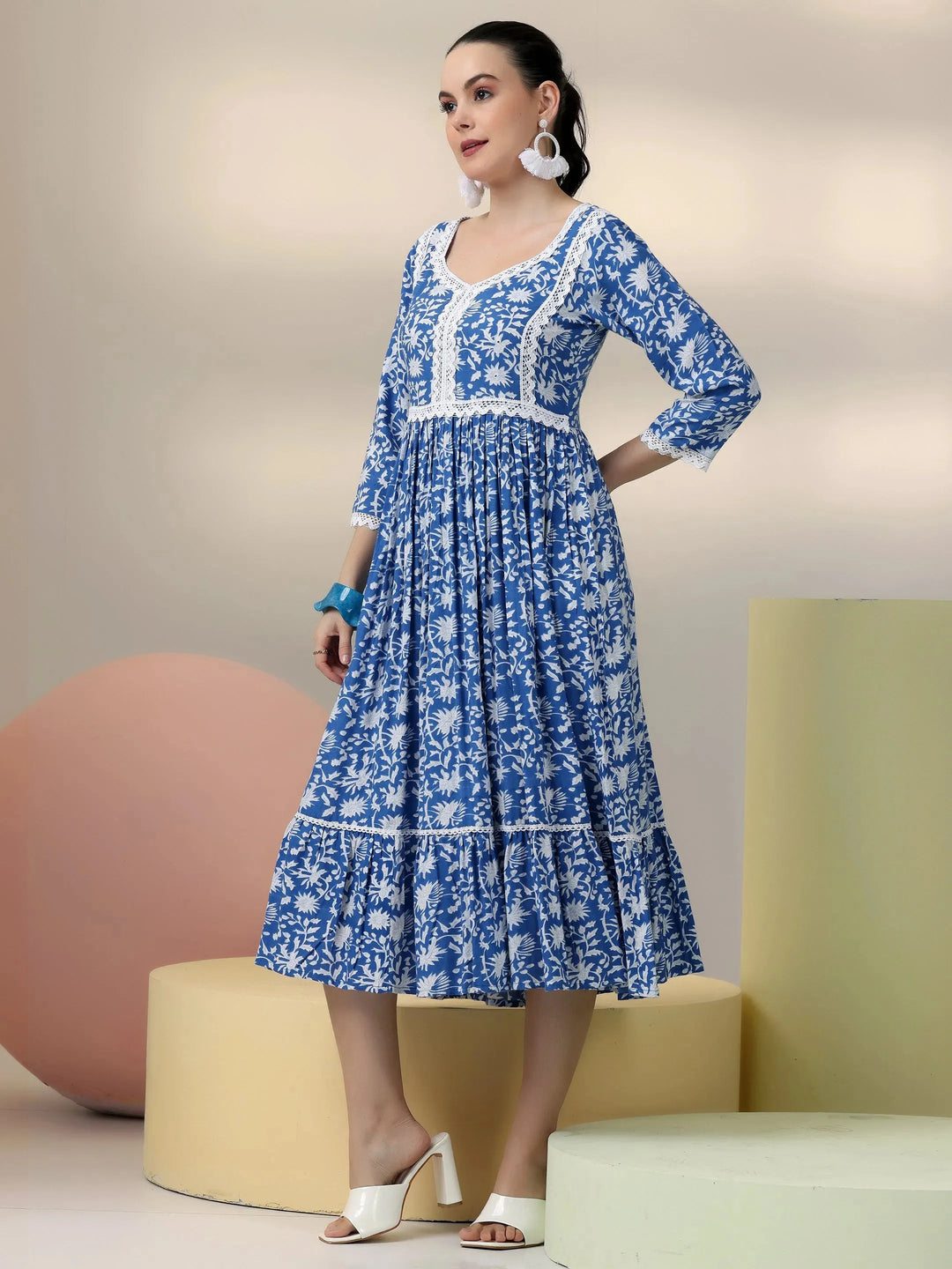  Indigo Printed Rayon Fit and Flare Dress 