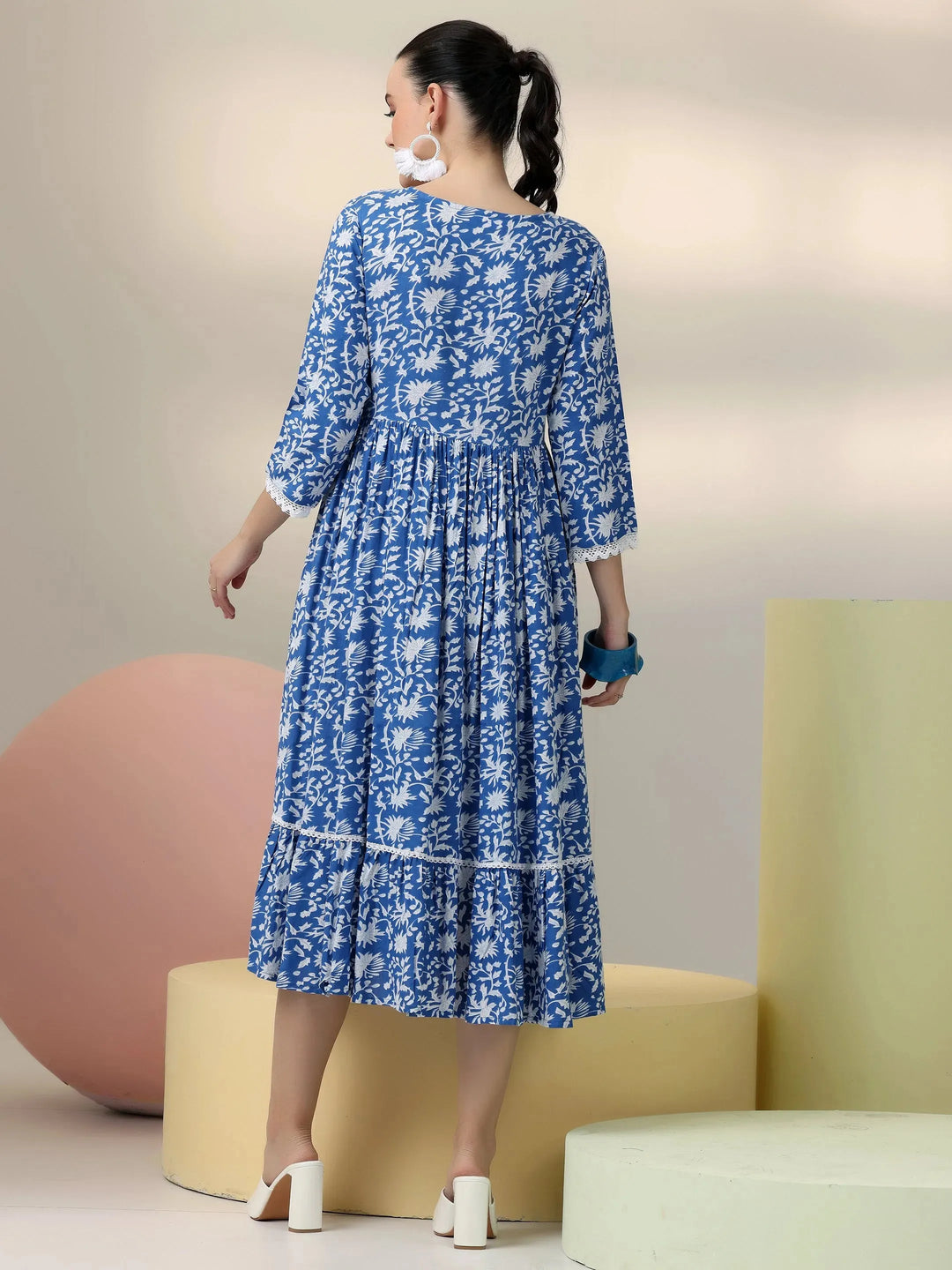  Indigo Printed Rayon Fit and Flare Dress 