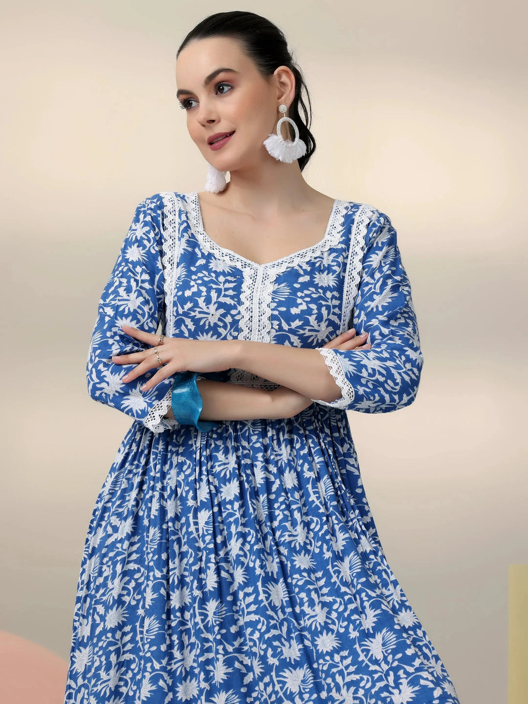  Indigo Printed Rayon Fit and Flare Dress 