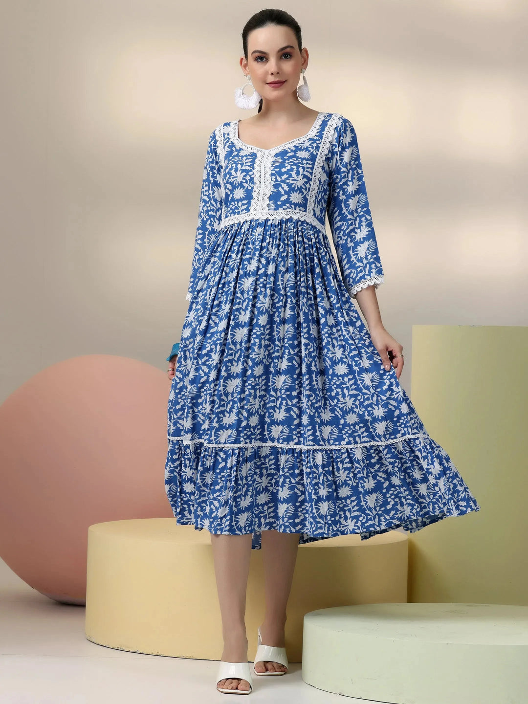  Indigo Printed Rayon Fit and Flare Dress 