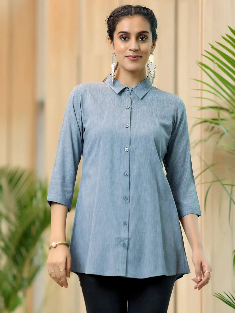 Libas Grey Solid Cotton Blend Straight Kurti