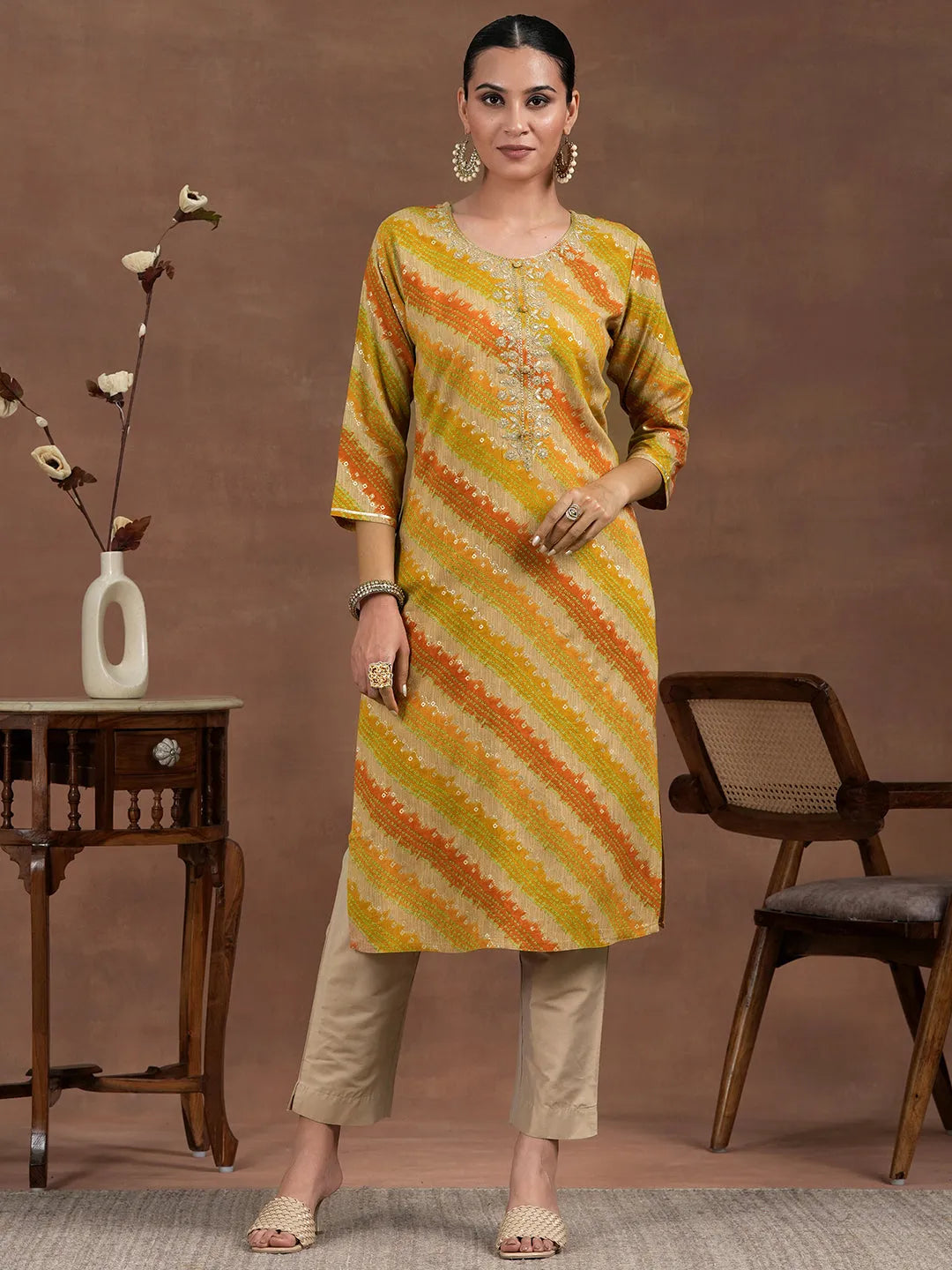  Mustard Printed Rayon Straight Kurta 