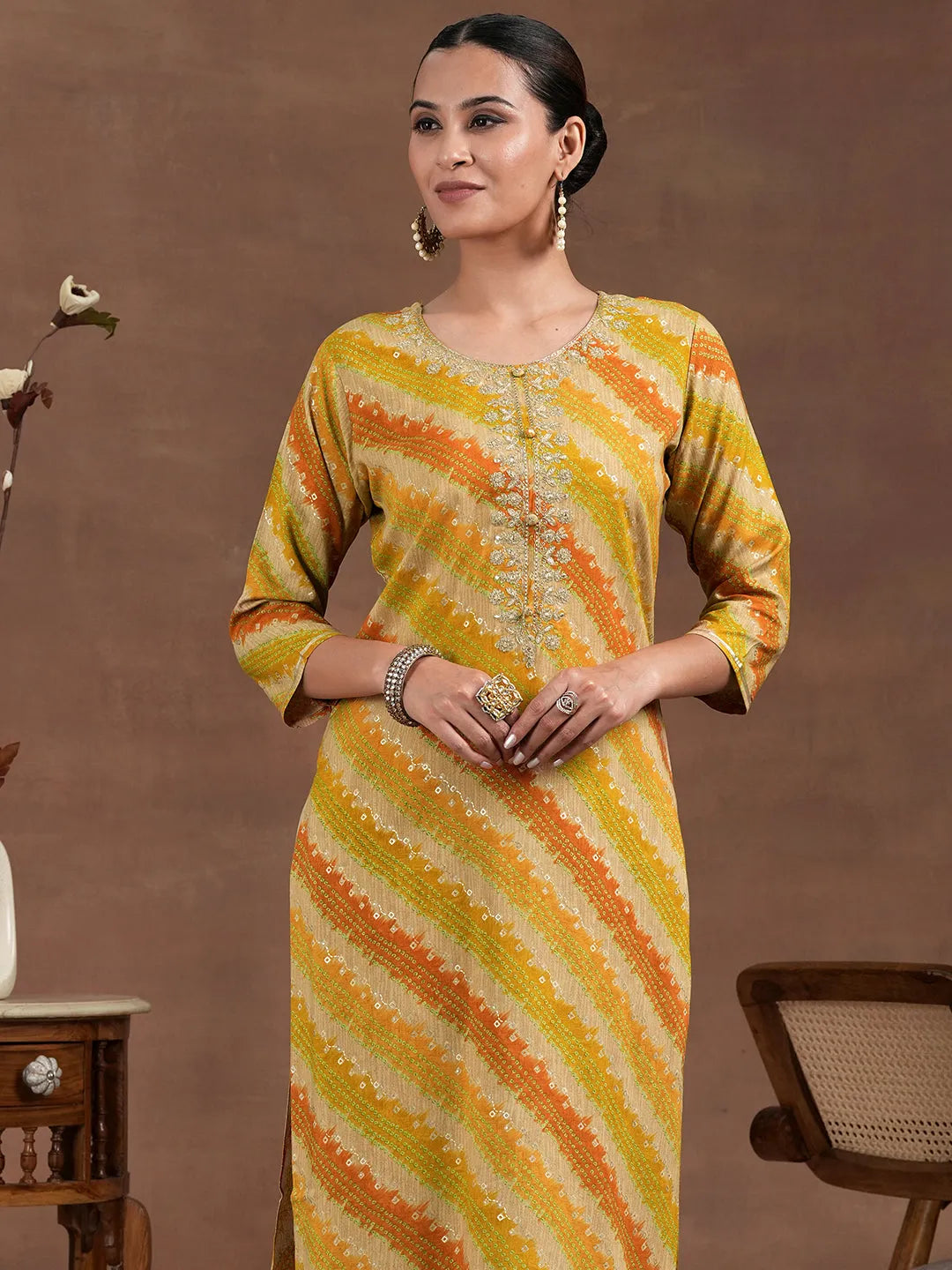  Mustard Printed Rayon Straight Kurta 