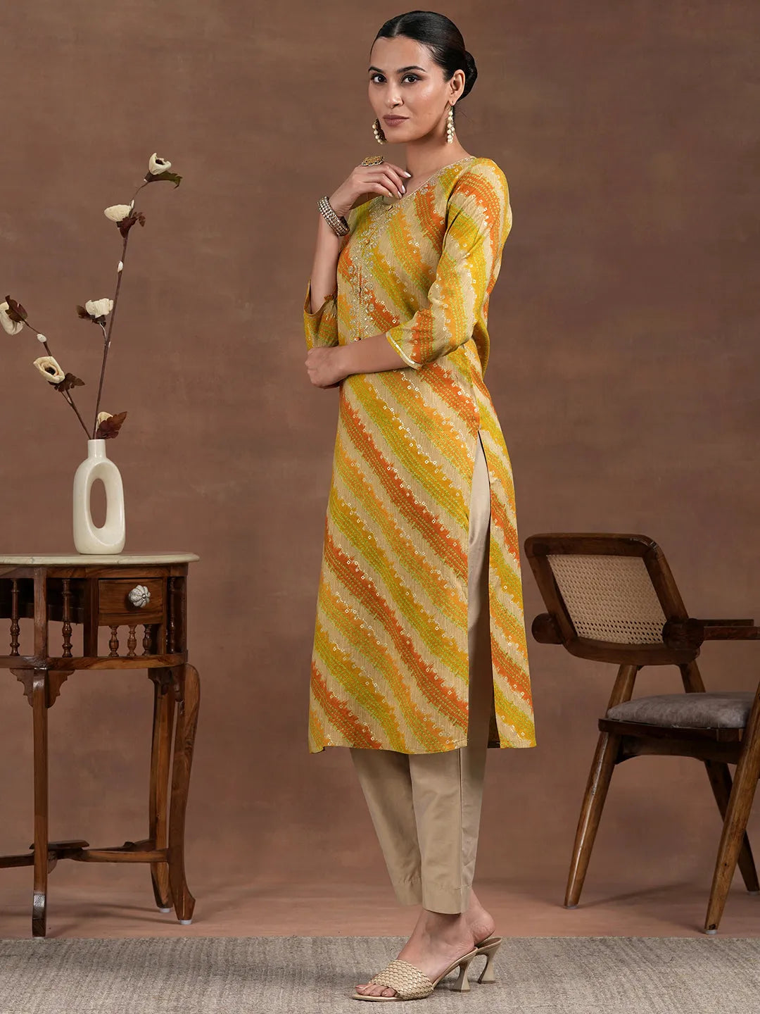  Mustard Printed Rayon Straight Kurta 