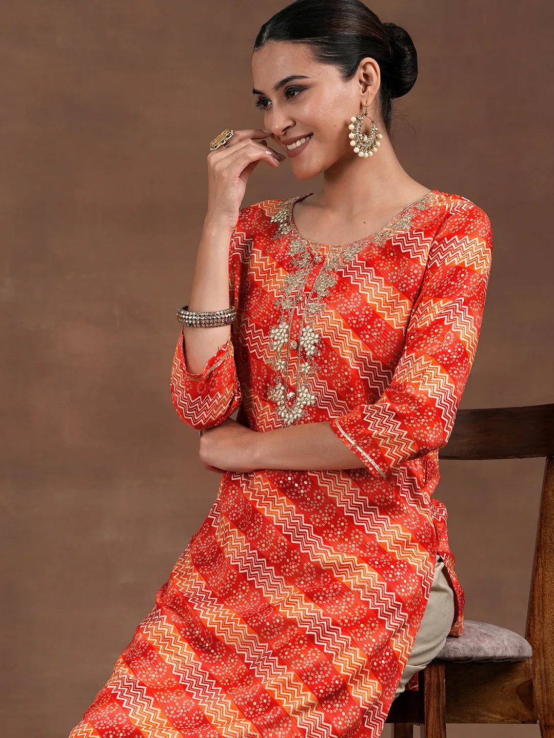  Orange Printed Rayon Straight Kurta 