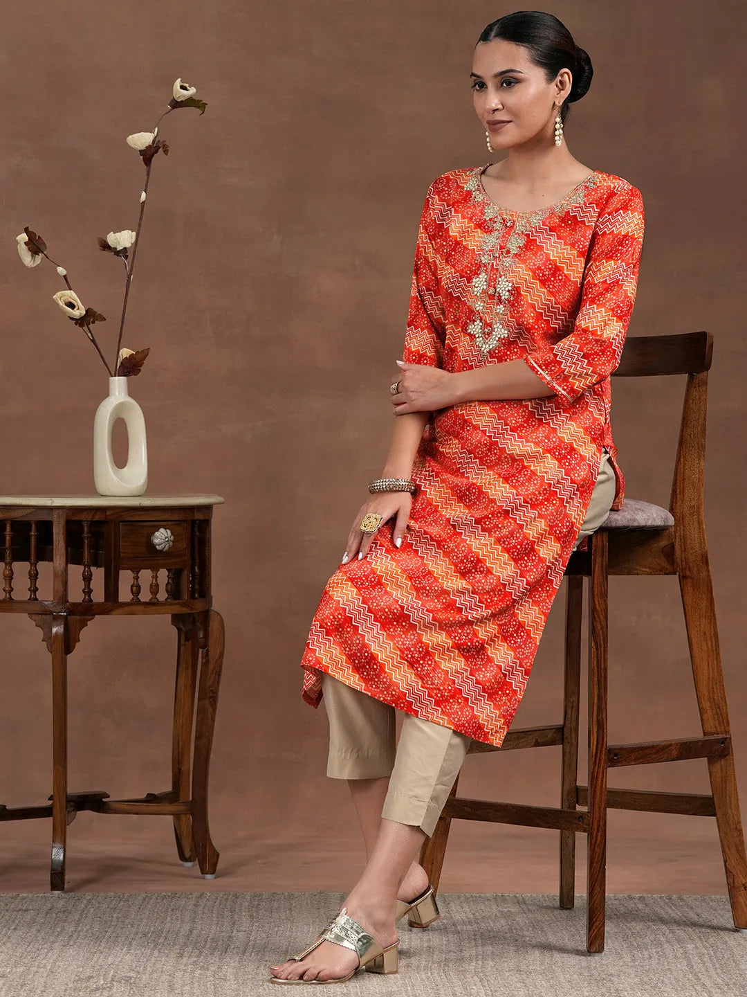  Orange Printed Rayon Straight Kurta 