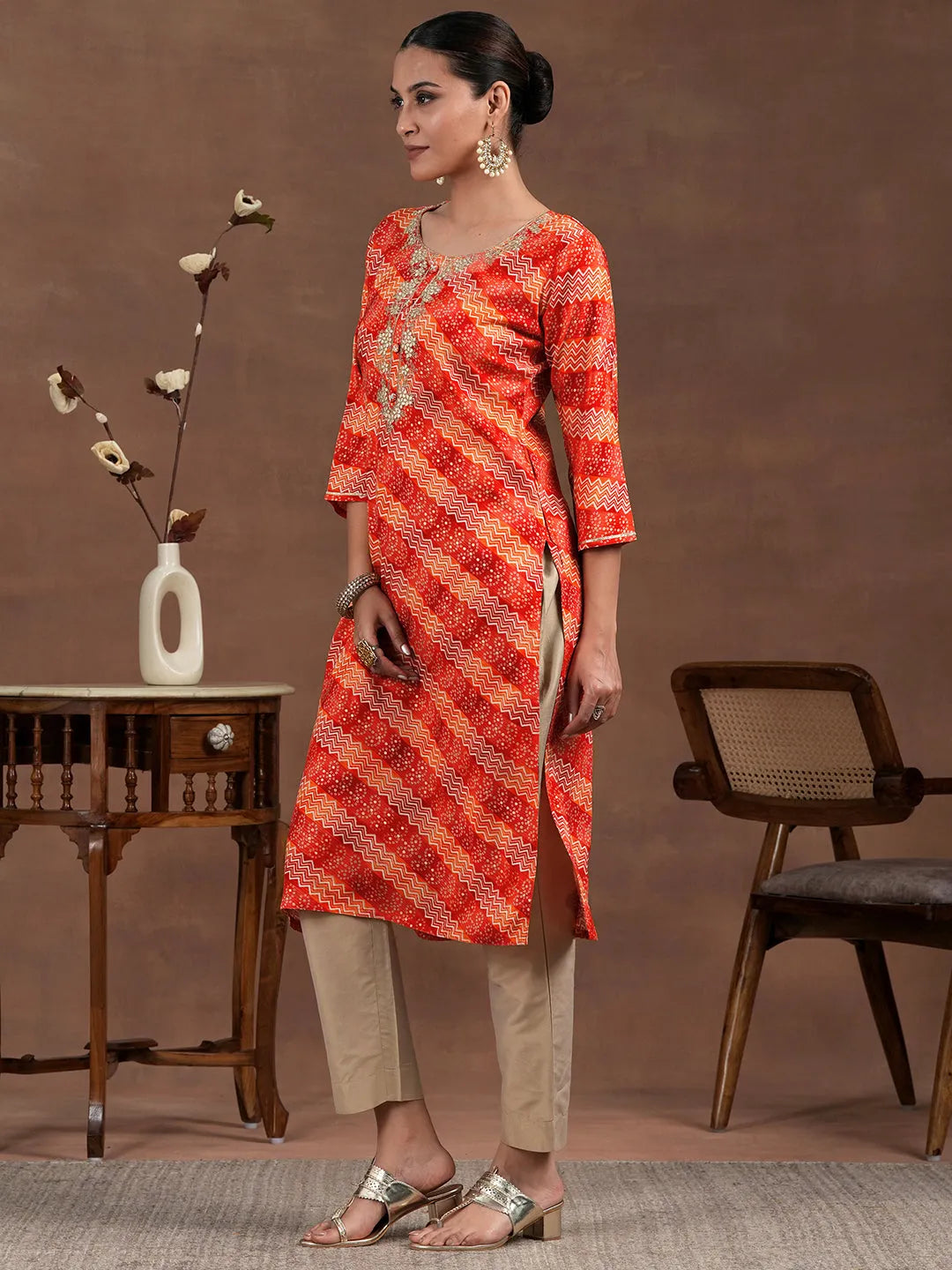  Orange Printed Rayon Straight Kurta 
