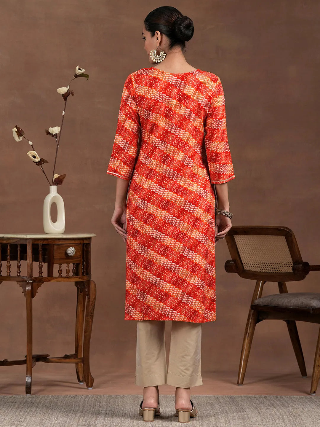  Orange Printed Rayon Straight Kurta 