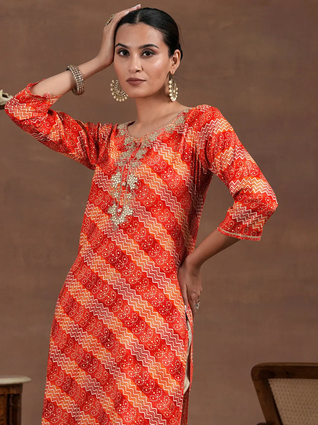  Orange Printed Rayon Straight Kurta 