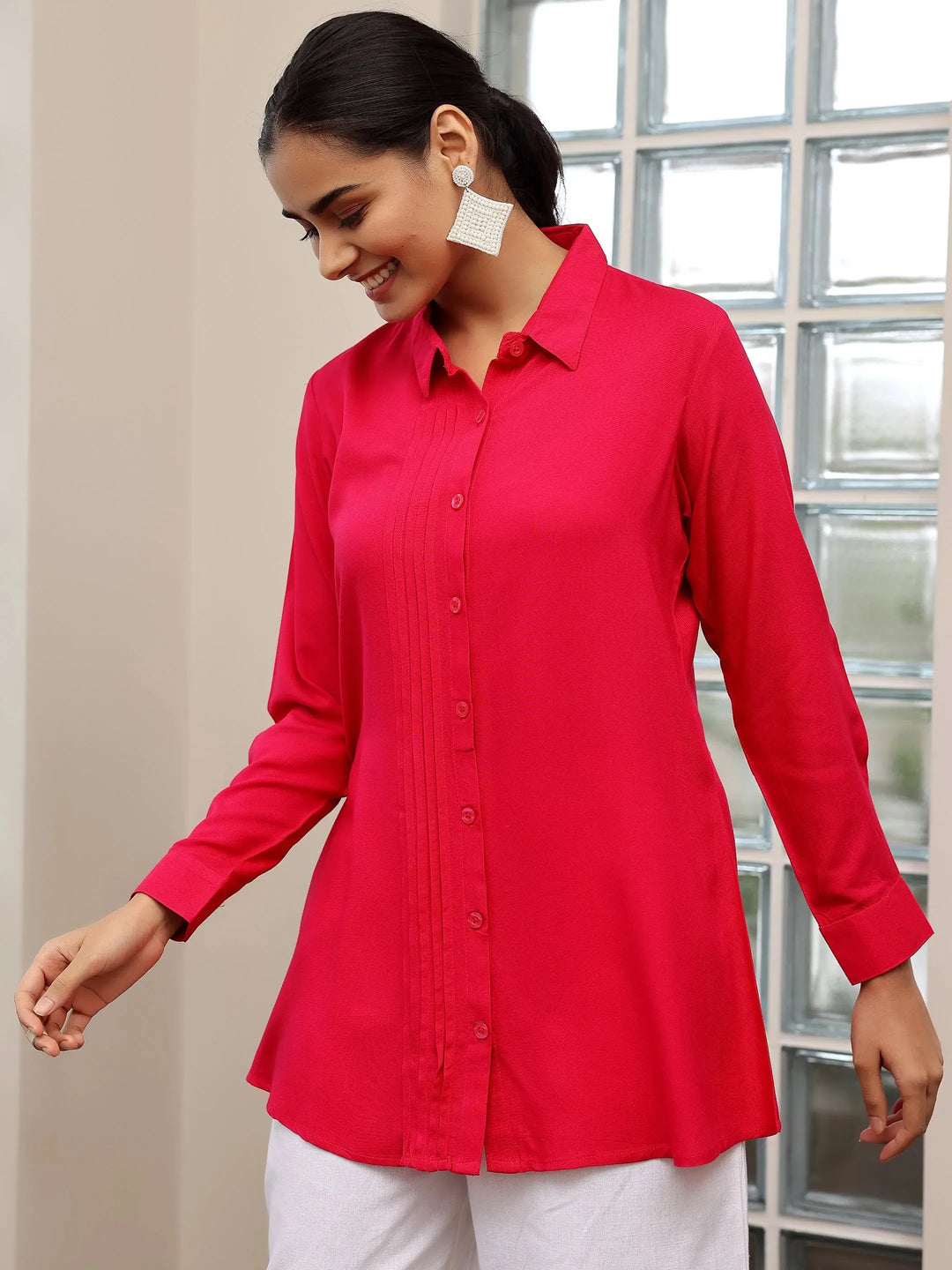  Pink Solid Rayon Straight Tunic 