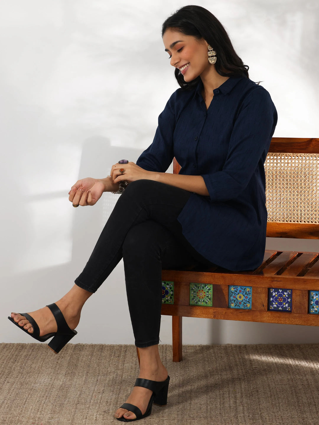  Blue Self Design Rayon Straight Tunic 