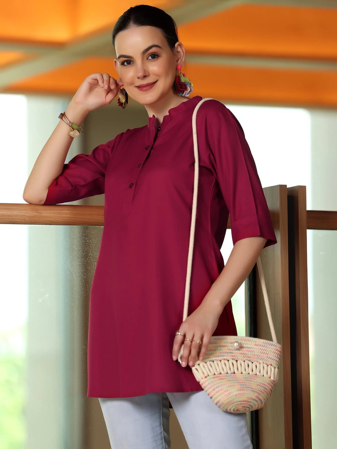  Maroon Solid Rayon Straight Tunic 