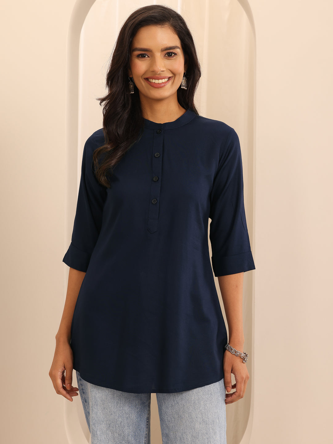  Navy Solid Rayon Straight Tunic 