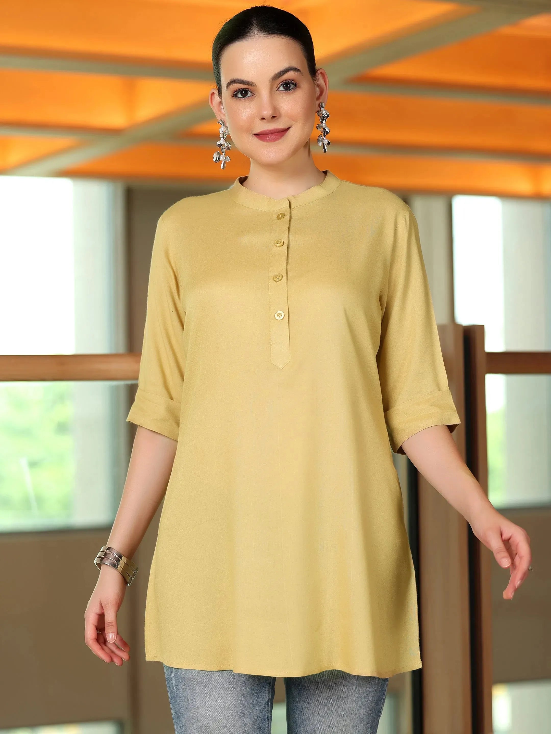 libas Beige Solid Rayon Straight Tunic-picture-58