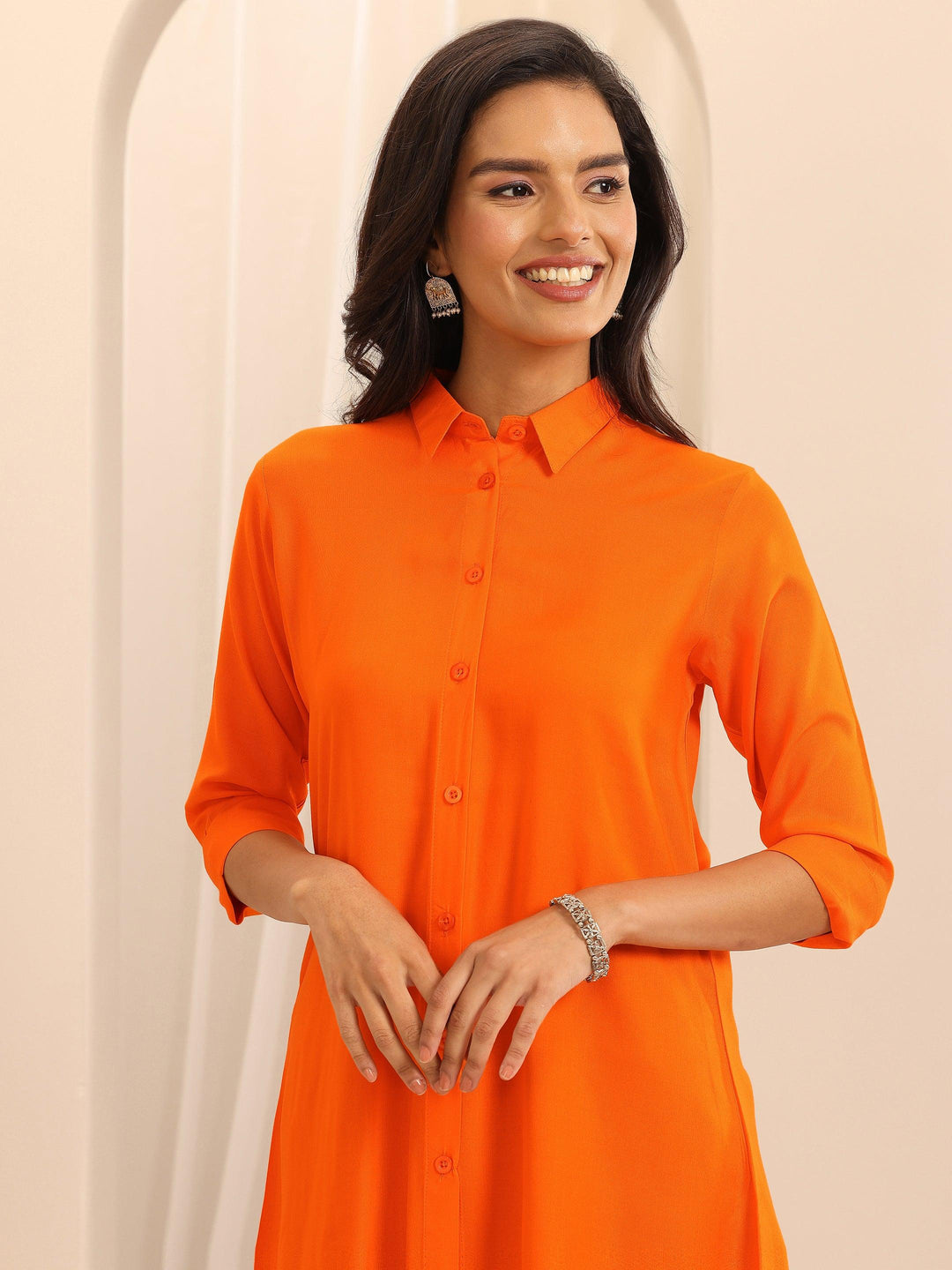  Orange Solid Rayon Straight Tunic 