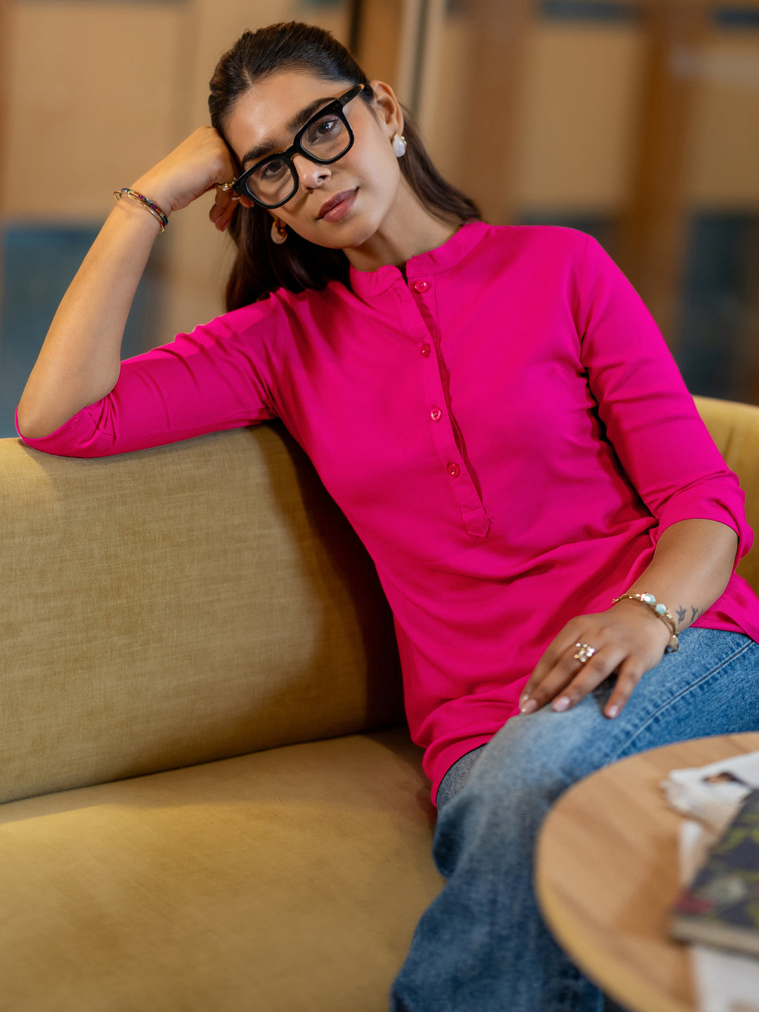  Pink Solid Rayon Straight Tunic 
