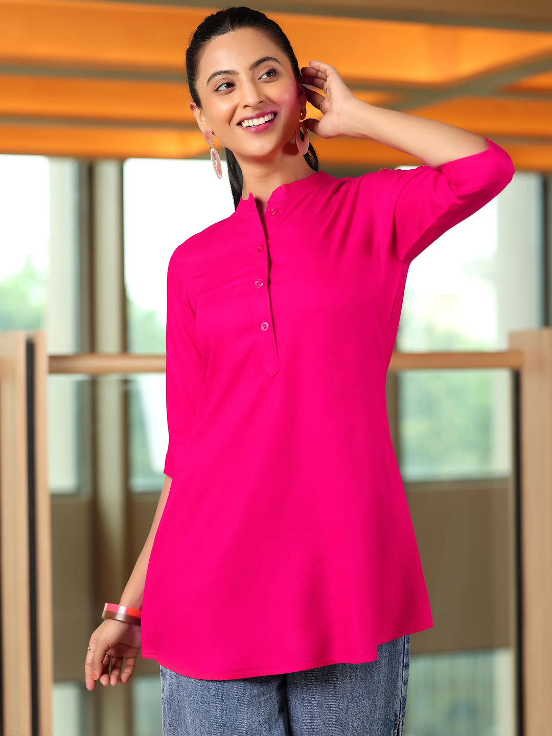 Pink Solid Rayon Straight Tunic 