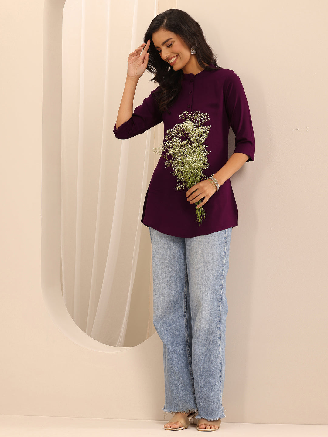  Wine Solid Rayon Straight Tunic 