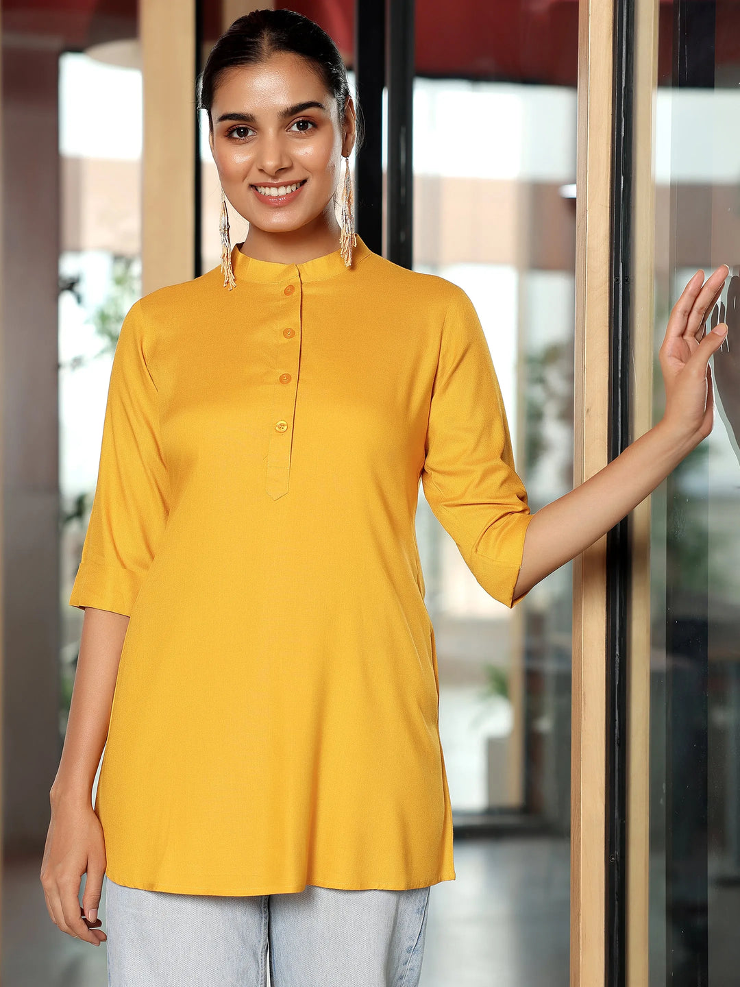  Mustard Solid Rayon Straight Tunic 