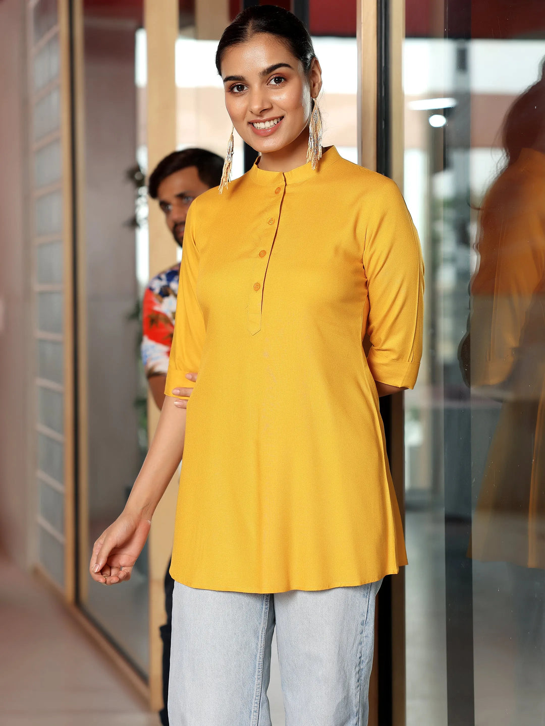  Mustard Solid Rayon Straight Tunic 