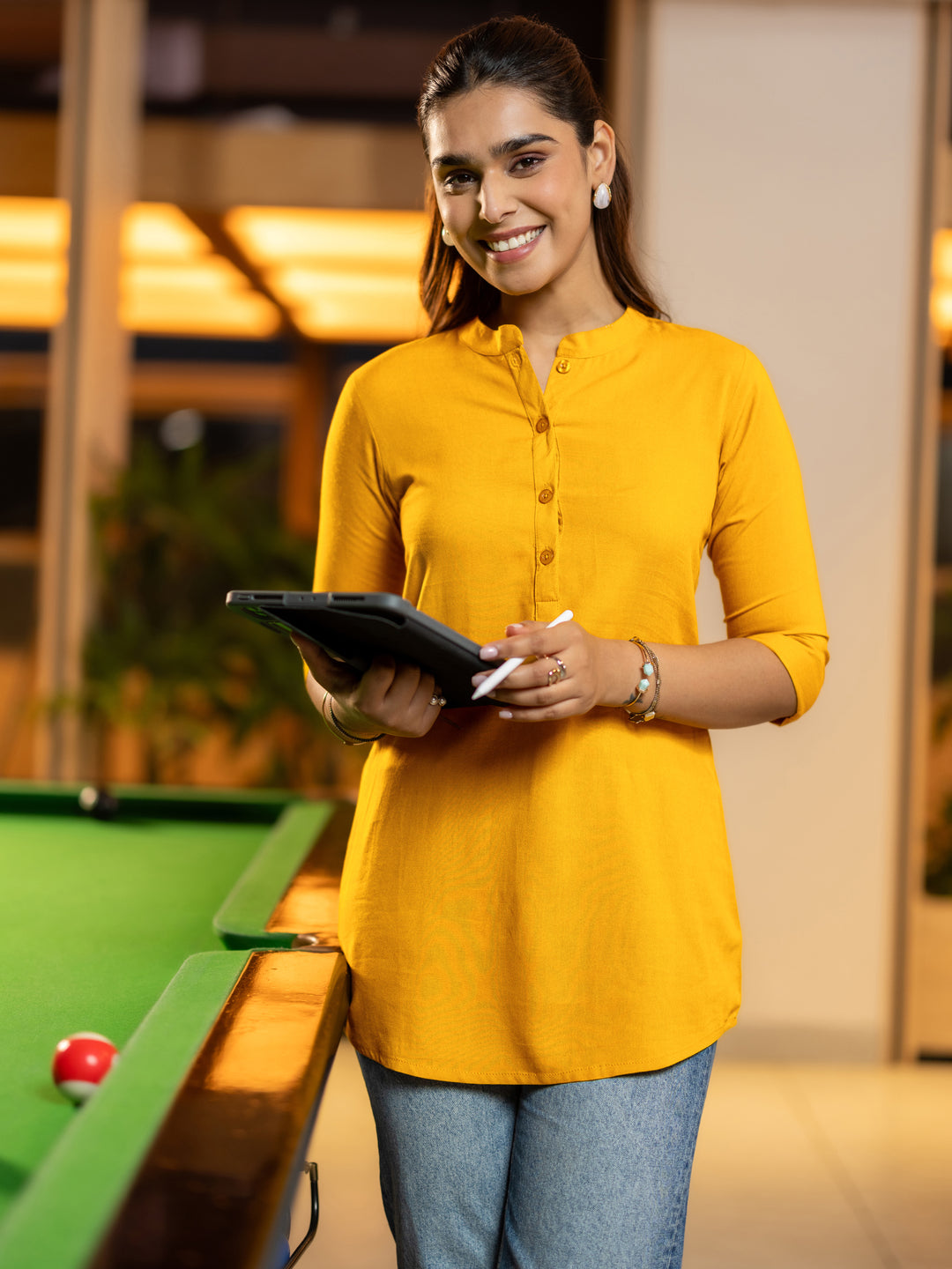  Mustard Solid Rayon Straight Tunic 