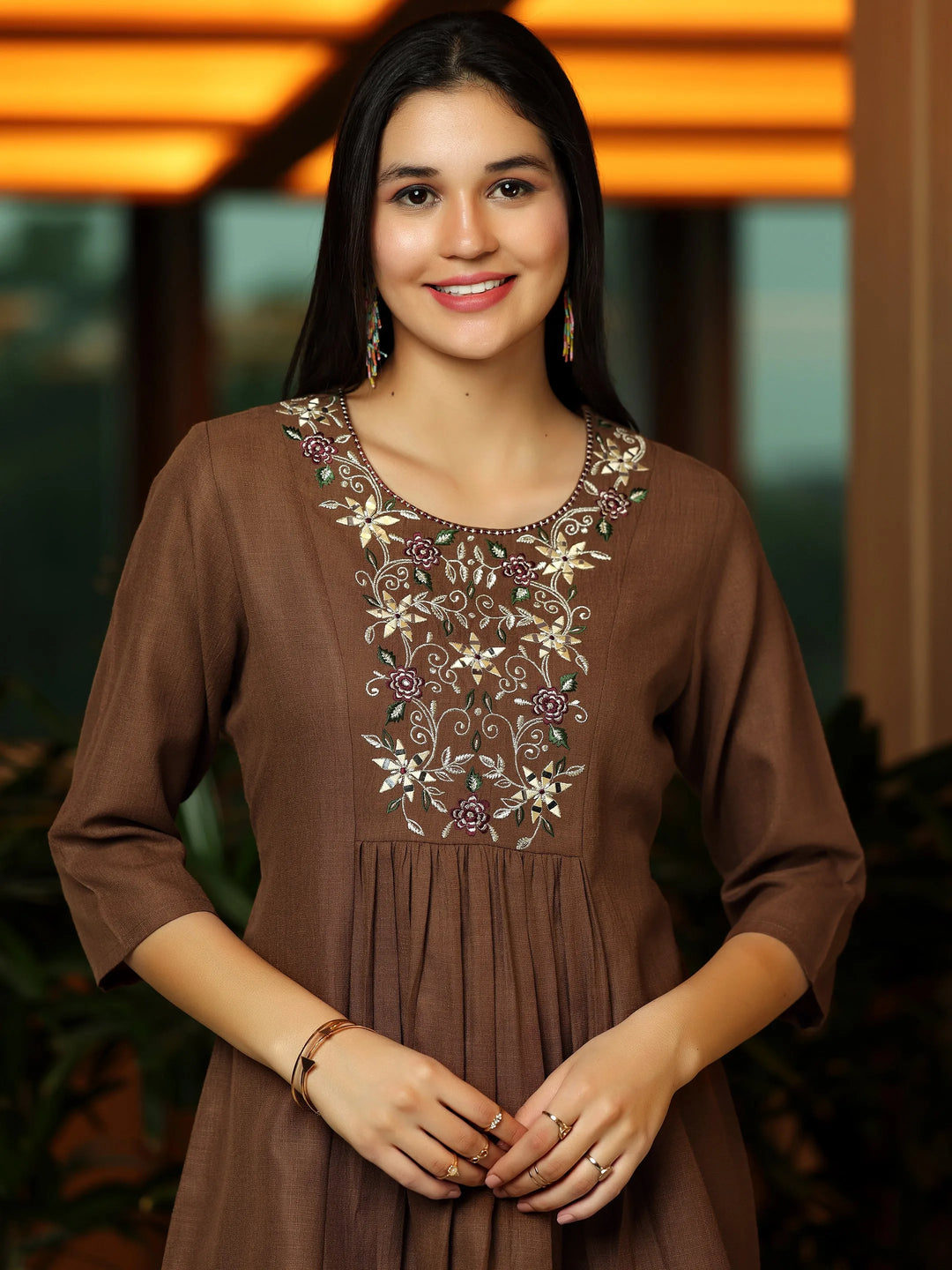  Brown Yoke Design Cotton Blend A-Line Kurti 