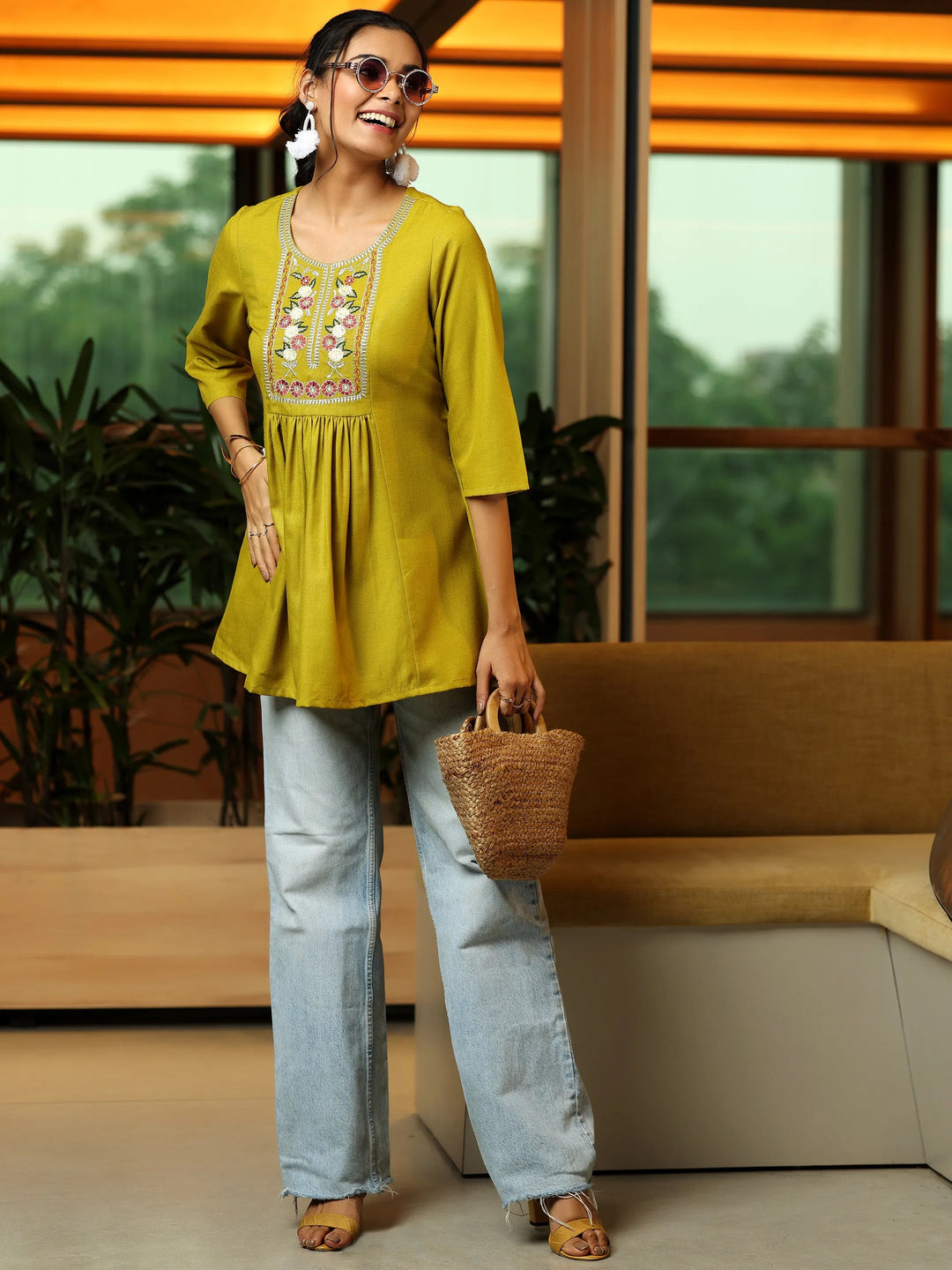  Green Yoke Design Cotton Blend A-Line Kurti 