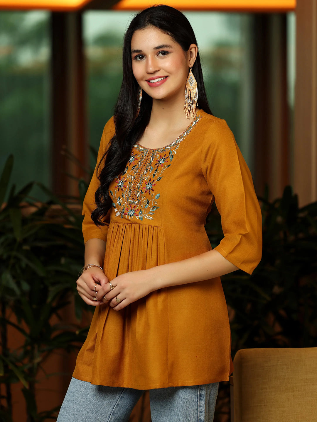  Mustard Yoke Design Cotton Blend A-Line Kurti 