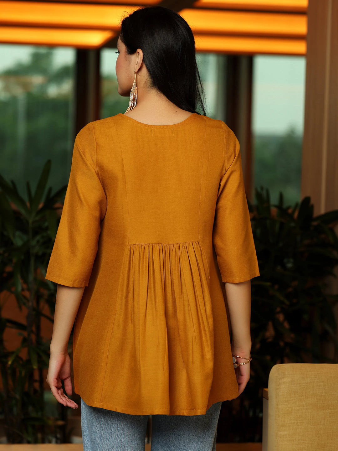 Mustard Yoke Design Cotton Blend A-Line Kurti 