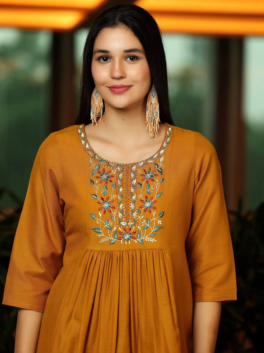  Mustard Yoke Design Cotton Blend A-Line Kurti 