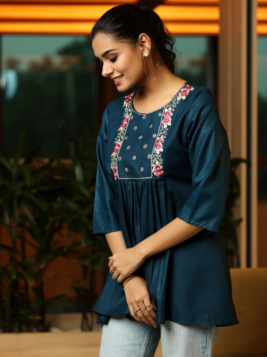  Blue Yoke Design Cotton Blend A-Line Kurti 