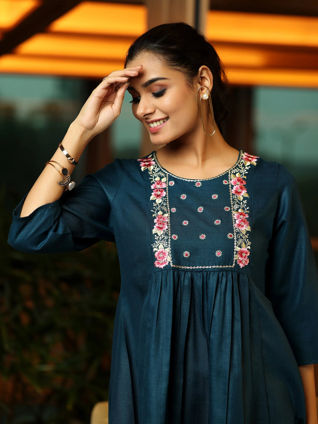  Blue Yoke Design Cotton Blend A-Line Kurti 