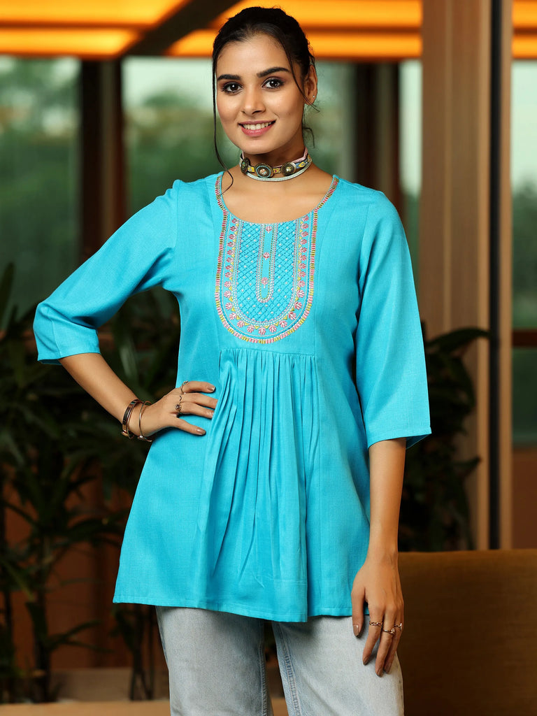 Gerua Turquoise Yoke Design Cotton Blend A-Line Kurti