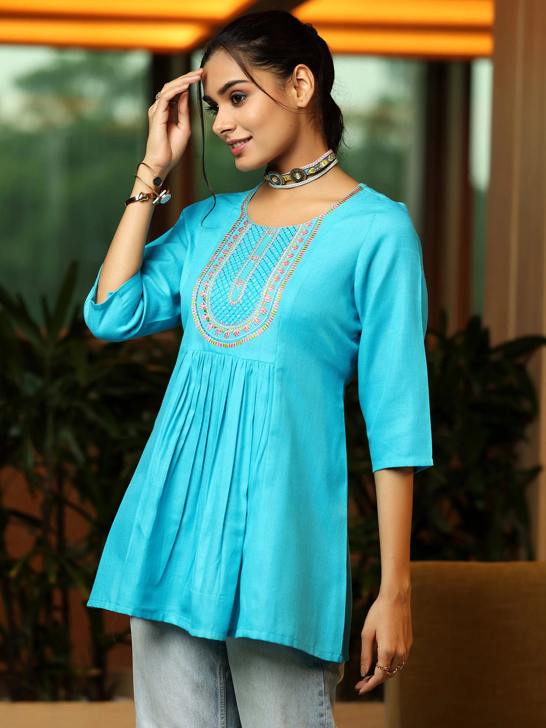  Turquoise Yoke Design Cotton Blend A-Line Kurti 