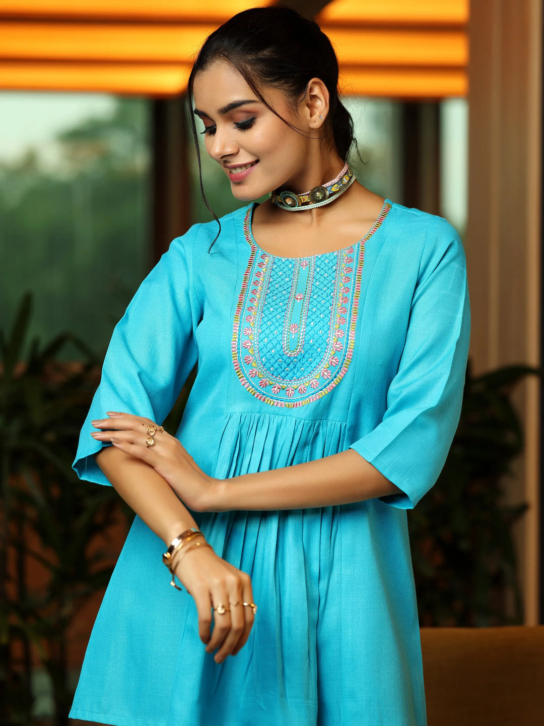  Turquoise Yoke Design Cotton Blend A-Line Kurti 