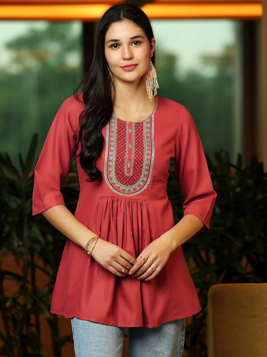 Rust Yoke Design Cotton Blend A-Line Kurti