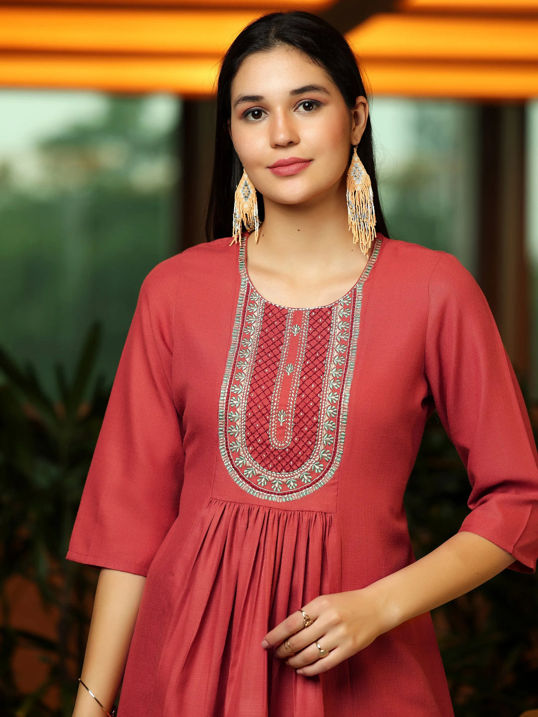  Rust Yoke Design Cotton Blend A-Line Kurti 