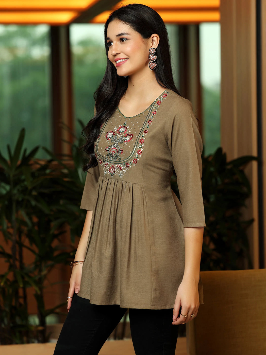  Brown Yoke Design Cotton Blend A-Line Kurti 