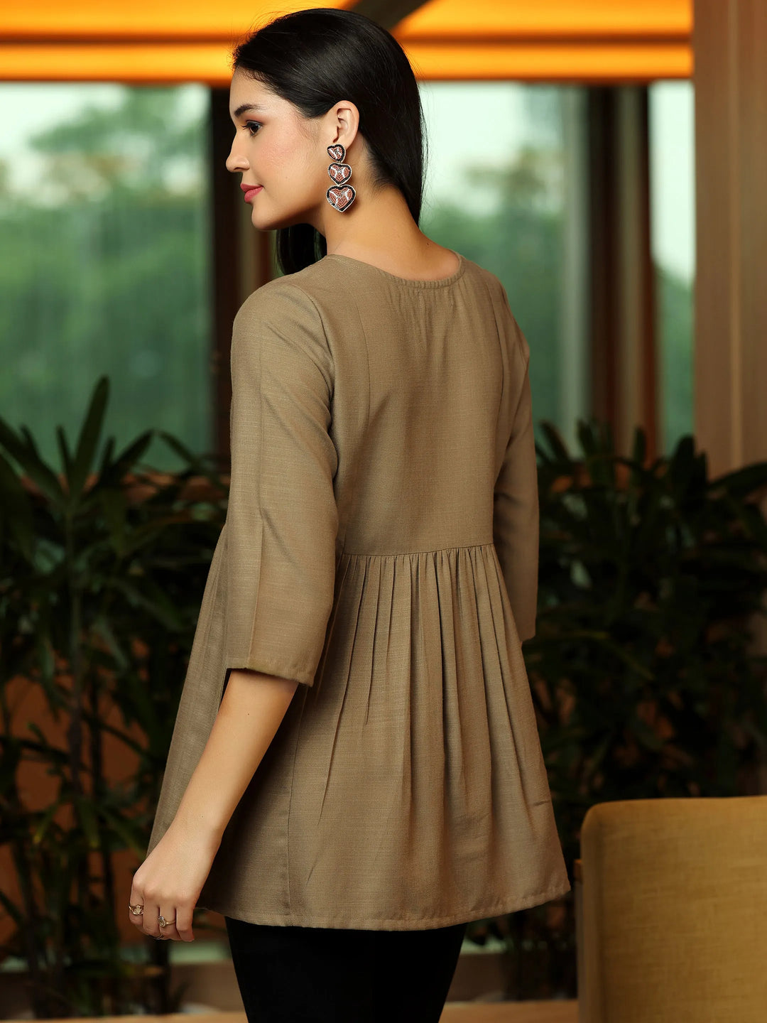  Brown Yoke Design Cotton Blend A-Line Kurti 