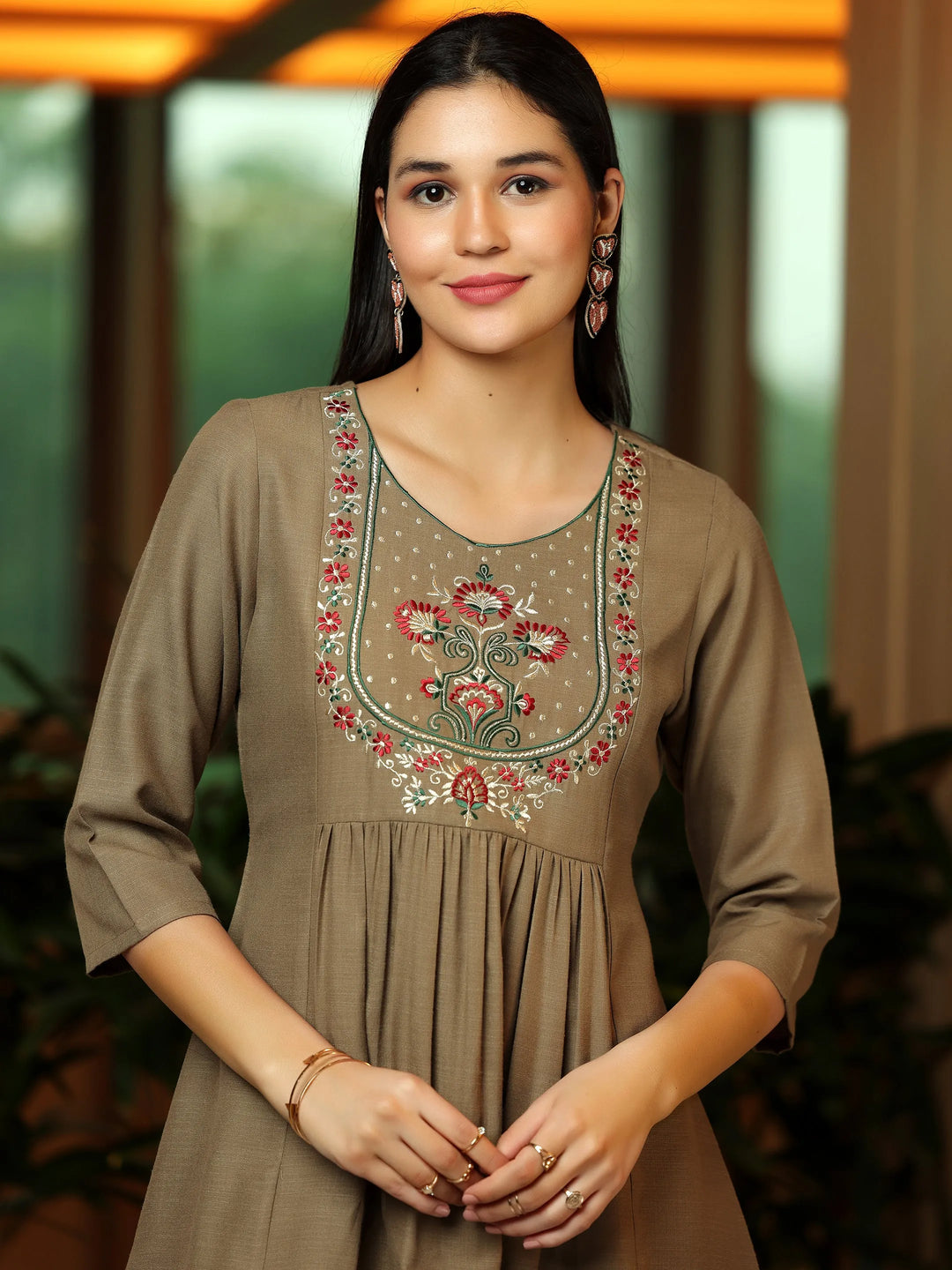  Brown Yoke Design Cotton Blend A-Line Kurti 